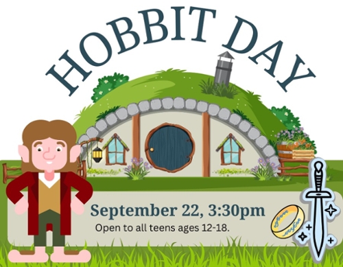 Cartoon Hobbit in front of his hobbit house.