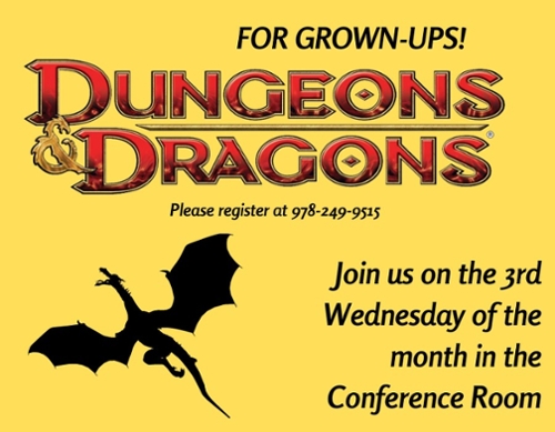 Dungeons and Dragons logo with a cartoon black dragon.