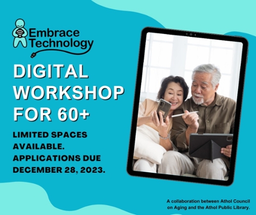 Embrace Technology logo and seniors in a photo with a blue backdrop