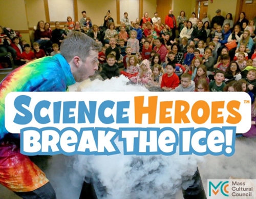 Image of a crowd of kids at a Science Heroes event and the MCC logo.