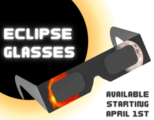 Cartoon image of an eclipse and eclipse glasses