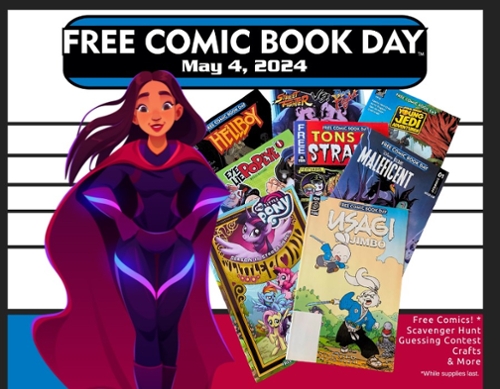 A cartoon hero surrounded by free comics.