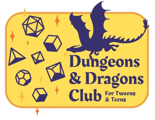 Cartoon purple dragon and game dice.