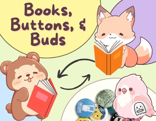 Cartoon animals reading next to button examples.