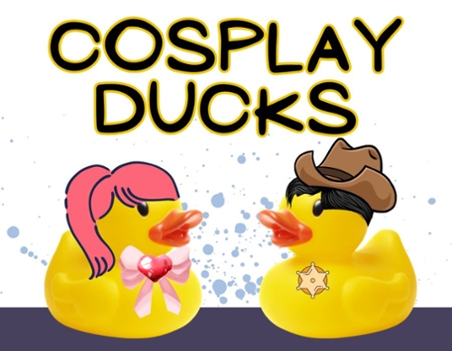 Rubber ducks with cosplay costumes on.