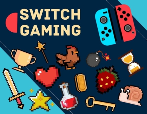 Cartoon controllers and pixel images from games.