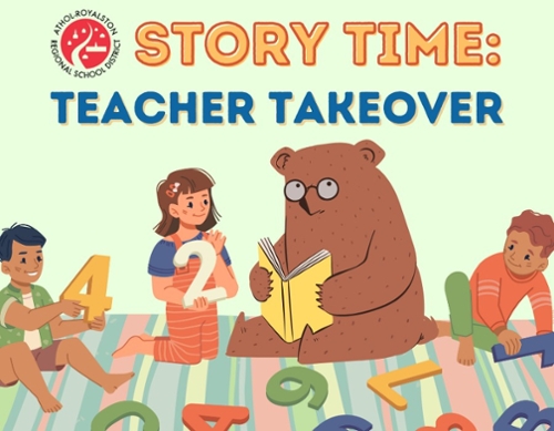 ARRSD school logo and a cartoon bear reading to cartoon children.