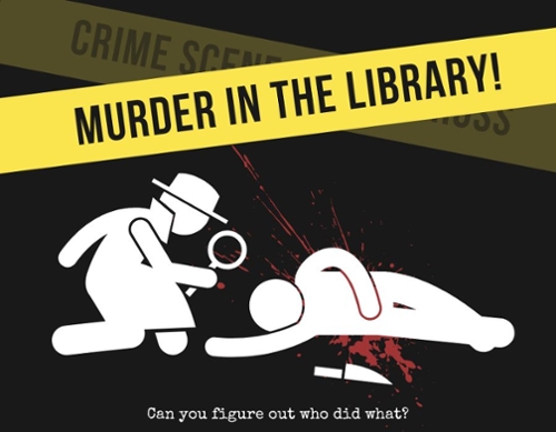 Cartoon detective and cartoon body with Crime scene tape.
