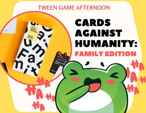 Image of a cartoon frog laughing and the card game next to it.