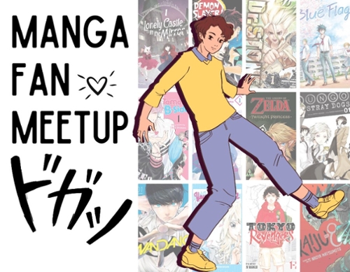 A Cartoon teen standing in front of Manga books.