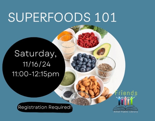 Image of different superfoods(blueberries, avocado, etc.)