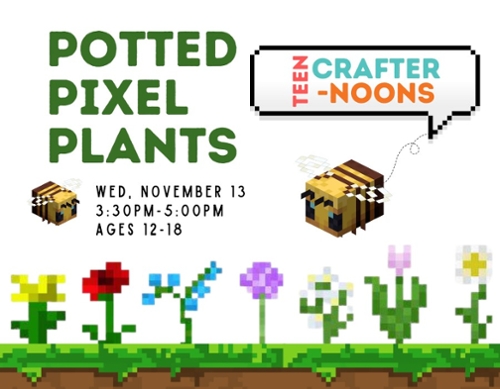 Image of pixelated flowers at the bottom to accompany the news title and date in the center.