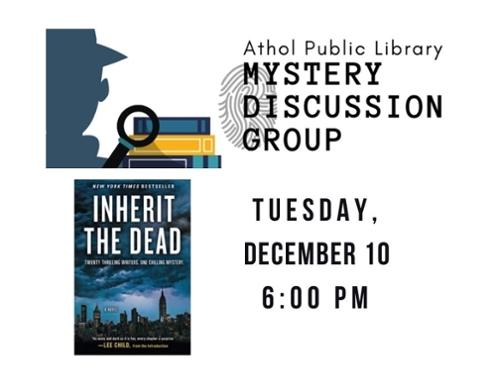 Mystery group Logo of a detective siloutte, stack of books and the cover of the book.