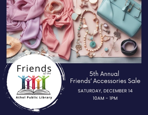 Image of scarves and jewelry with the Friends of the library logo & the date.
