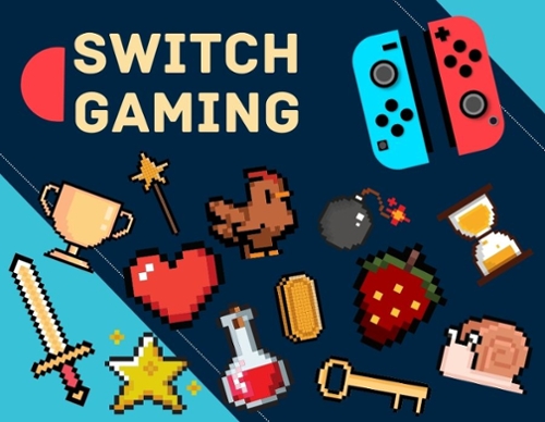 Pixelated cartoon gaming characters and controllers.