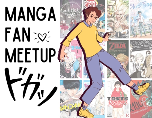 A Cartoon teen standing in front of Manga books.