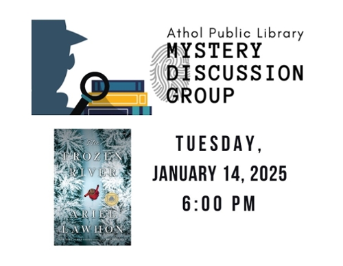 Mystery group Logo of a detective siloutte, stack of books and the cover of the book.