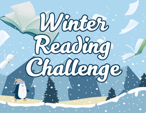 A cartoon backdrop of a snowy sky with open books and a penguin with a hat onthe ground.
