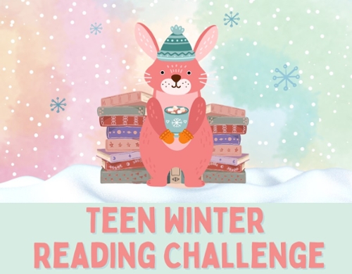 A pink cartoon bunny with hot cocoa in front of stacks of books out in the snow.