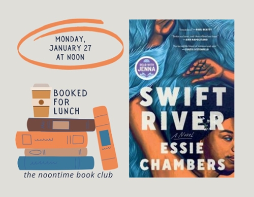 Booked for lunch LOGO of stacked books and the book cover.