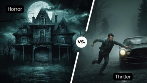 A split screen of creepy mansion with the full moon and a man running scared from a car.