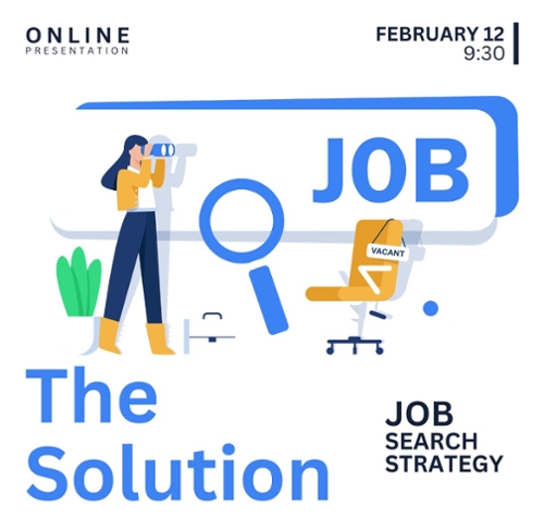 Cartoon person with binoculars and the text Job Search Strategy.