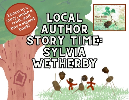 Image of a cartoon oak tree and the book cover of the author's book.