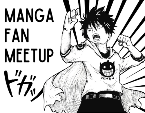 A cartoon manga guy with a demon t-shirt on. All in black and white.