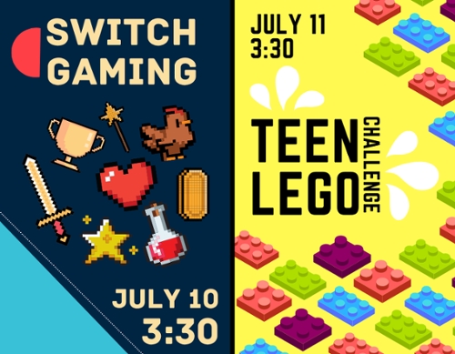 Right side is pixelated game pieces. Right image is of cartoon LEGO bricks.