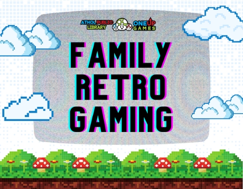 Image of cartoon gaming world with cartoon mushrooms and clouds.