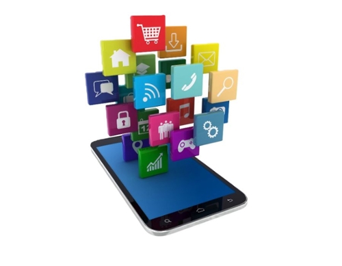 An image of a cellphone with different logos i.e. wifi and shopping cart.