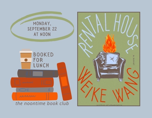 The book's cover and the stack of books Booked for Lunch Logo.