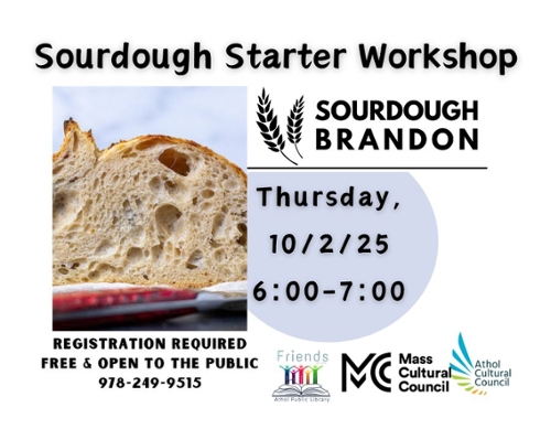 An exampe of sourdough bread and the MCC, ACC, and Friends of the library logos.