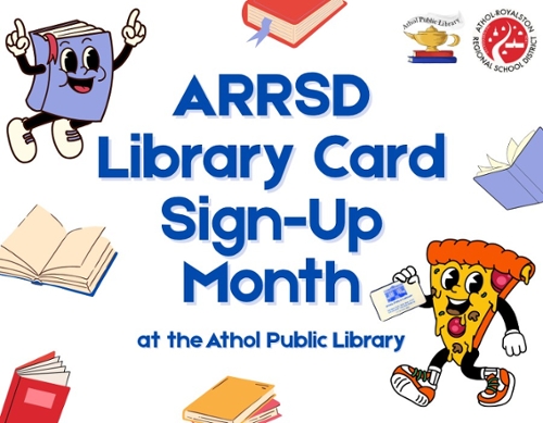 Border image of a cartoon book with a face, a cartoon pizza slice with a face holding a library card, and the ARRSD logo.