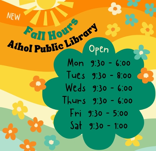 Cartoon flowers and a colorful yellow sun with the text Fall hours.