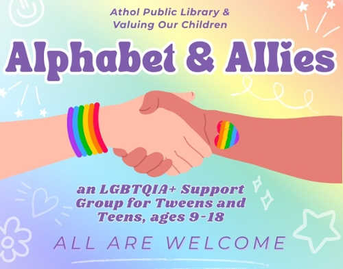 Cartoon hands holding each other with rainbow bracelets.