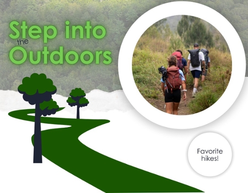 The back of hikers hiking a grassy trail.