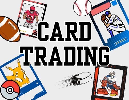 Cartoon images of sports and pokemon trading cards.