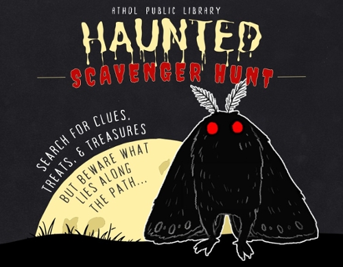 Cartoon image of a creepy moth man with red eyes.