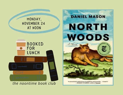 Booked For Lunch Logo stacked books and the book cover of the month.