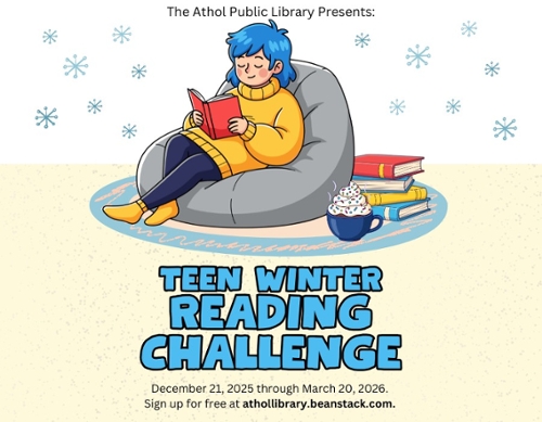 Cartoon teen with blue hair reading a book in a comfy beanbag seat.