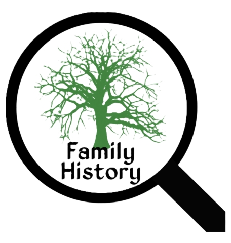 Image of a monacle with a green tree and the words family history.