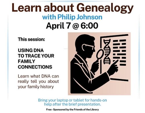 A cartoon siloutte of a man with a magnifying glass looking at DNA.