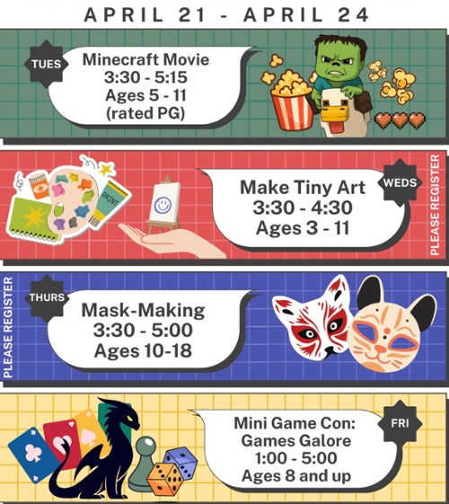 Cartoon images for each event listed below of movie popcorn, art supplies.