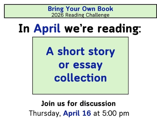 A pastel green box with the month theme text in dark blue a short story or essay.