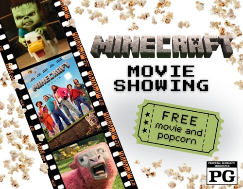 A movie film strip with the Minecraft movie poster inside as well as a backdrop of popcorn.