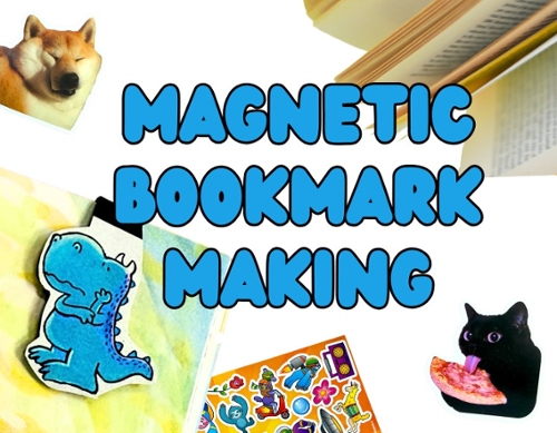 Examples of magnetic bookmarks, a dinosaur, a cat licking pizza, a silly faced dog.