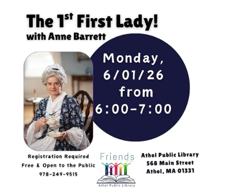 Image of Anne Barrett dressed as Martha Washington and the Friends of the Library logo of book stacks.