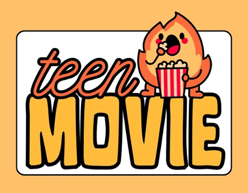 Cartoon writing that says teen movie with a cartoon fire blob eating a box of popcorn.