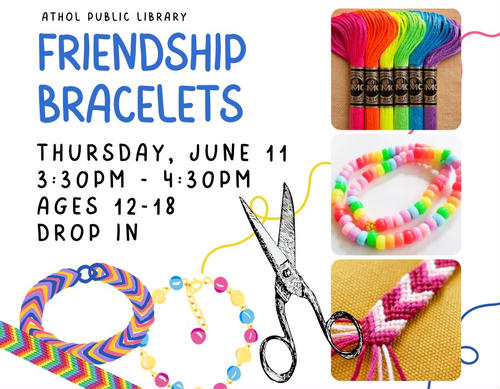 Image of scissors and exa,ples of friendship bracelets.